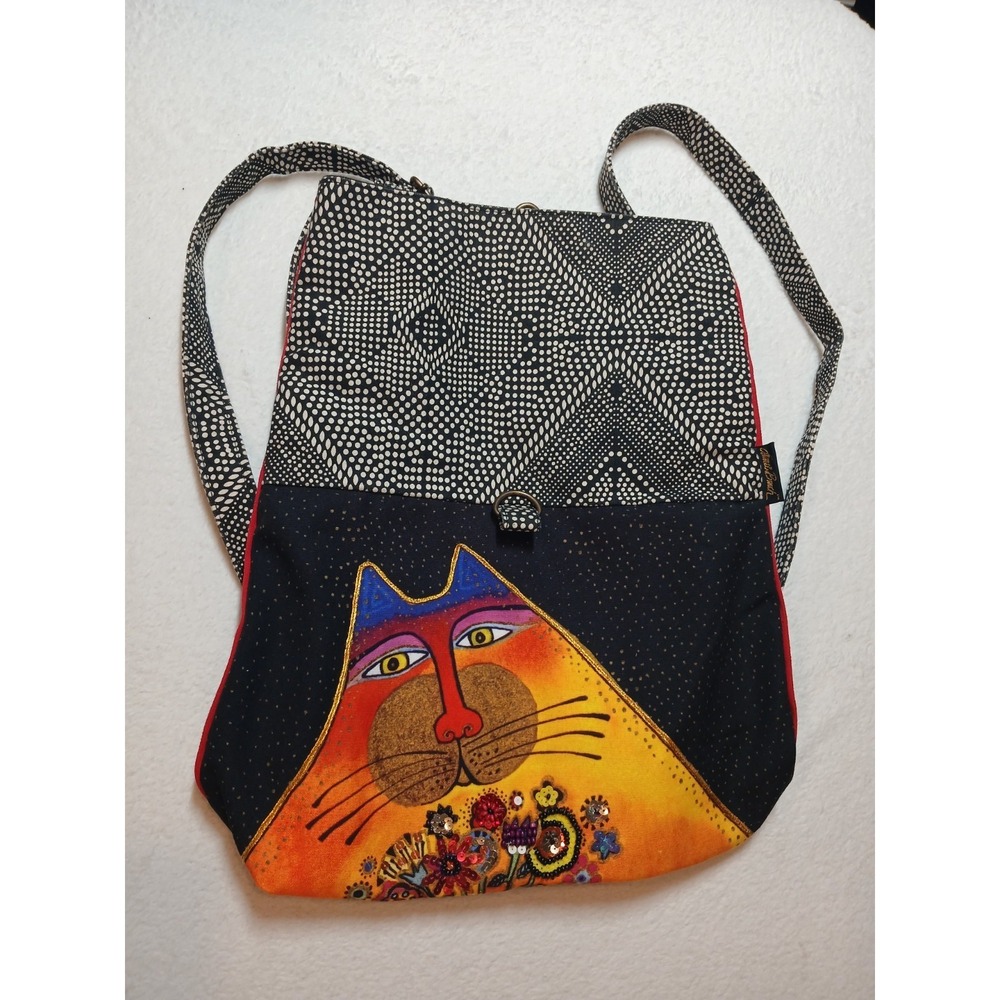 Laurel Burch Purse Crossbody Cats Sequin Flowers Aztec Pockets Black White Red